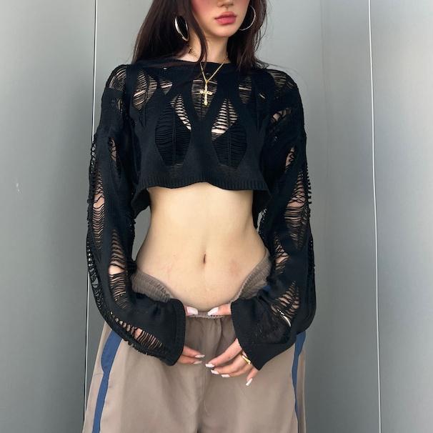 Áo Chui Đầu Rách Xuyên Thấu Gợi Cảm Cho Bé Gái Nóng Bỏng, Áo Cánh Cắt Rốn, Áo Len Dài Tay Giảm Béo Dáng Rộng, Mùa Hè, Mới Top Beo Shirt Women