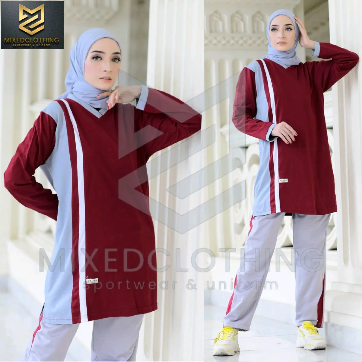 MIXEDCLOTHING setelan olahraga muslimah tunik wanita/setelan olahraga muslim Celana Kaos Baju Panjang Atasan