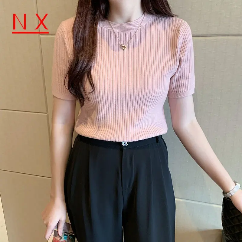 Áo Thun Ngắn Tay Cổ Tròn Cho Nữ, Áo Len Mỏng Và Mỏng 4