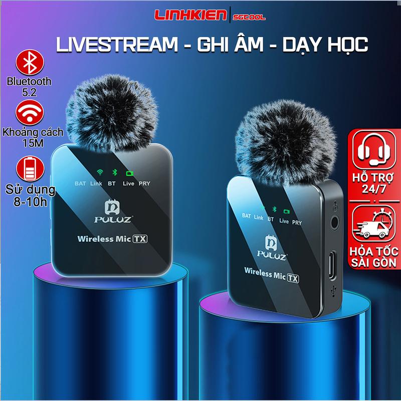 Micro Puluz không dây điện thoại cài áo khử nhiễu chống ồn nhỏ gọn ghi âm livestream phỏng vấn trợ giảng quay phim vlog- Chính hãng