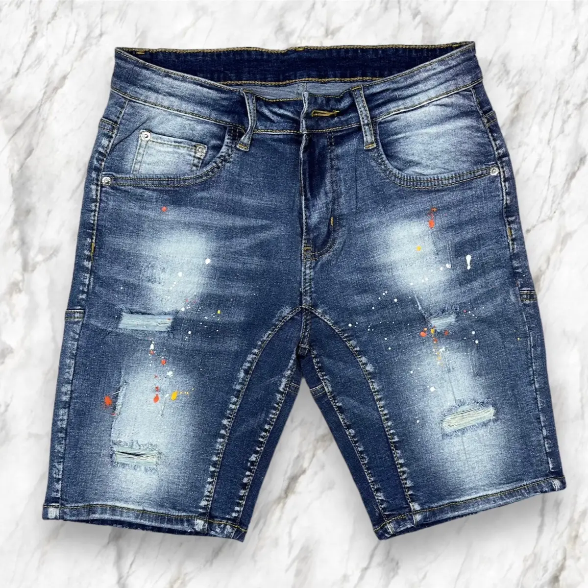 Shopvietanhq9 - Quần Short Jean Nam Xanh wash viền 2 đáy (1051) vải quần bò giãn 4 chiều, chấm sơn, rách thời trang, size đại Menswear Pants Có Túi - Tết