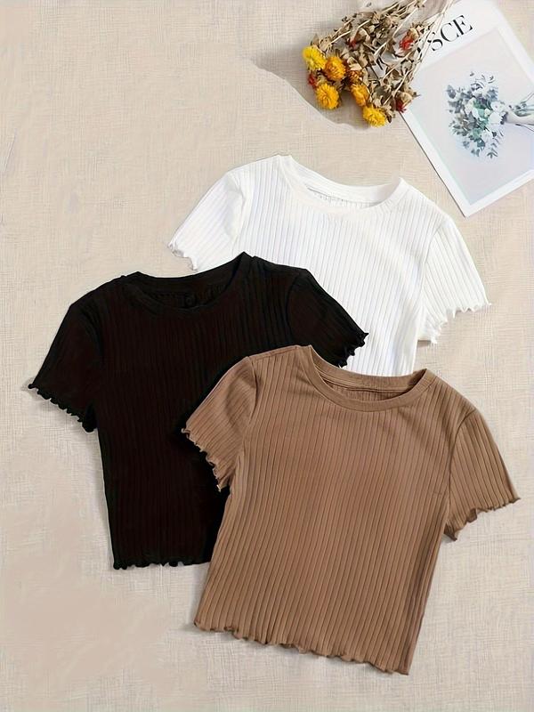Women's Solid Lettuce Trim Round Neck Ribbed Tee, Casual Short Sleeve Crew Neck T-shirt for Summer, Fashion Women's Top for Daily Wear 3