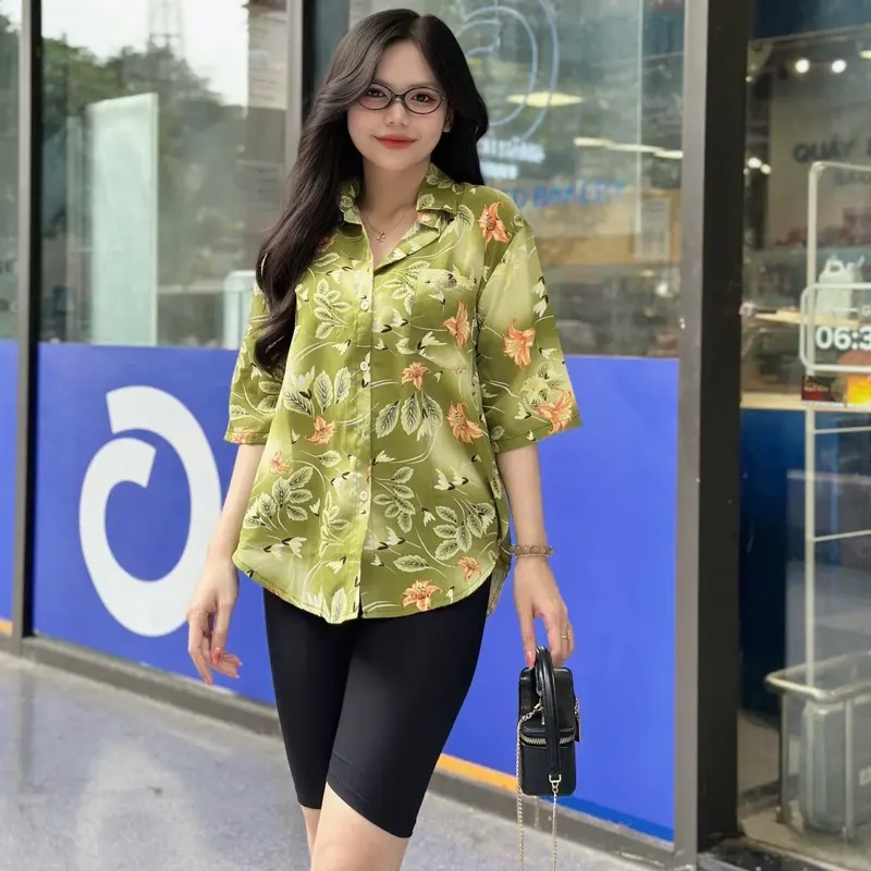 Bộ sơ mi phom rộng quần ngố hàng Freesize 45-70kg Nữ Women Voi Top Shirt Nhung 3