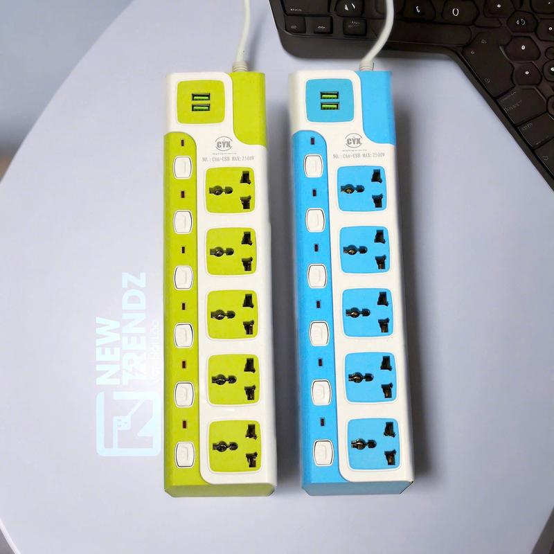 Ổ cắm đa năng CYX-C66 dáng dài tích hợp sạc USB đa năng , 5 lỗ cắm đầu 3 chấu công suất 2500W, dây 5m tiện dụng, an toàn, chống cháy nổ, ổ điện, ổ cắm, sạc Type-C, USB