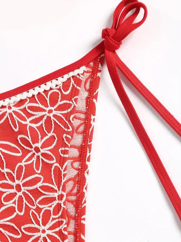 Women's Floral Print Beaded Halter Triangle Bikini Set, High Stretch Casual Fashion Tie Back Backless Swim Top & Tie Side Swim Bottom for Beach Holiday Vacation, Ladies Swimsuit for All Seasons 4