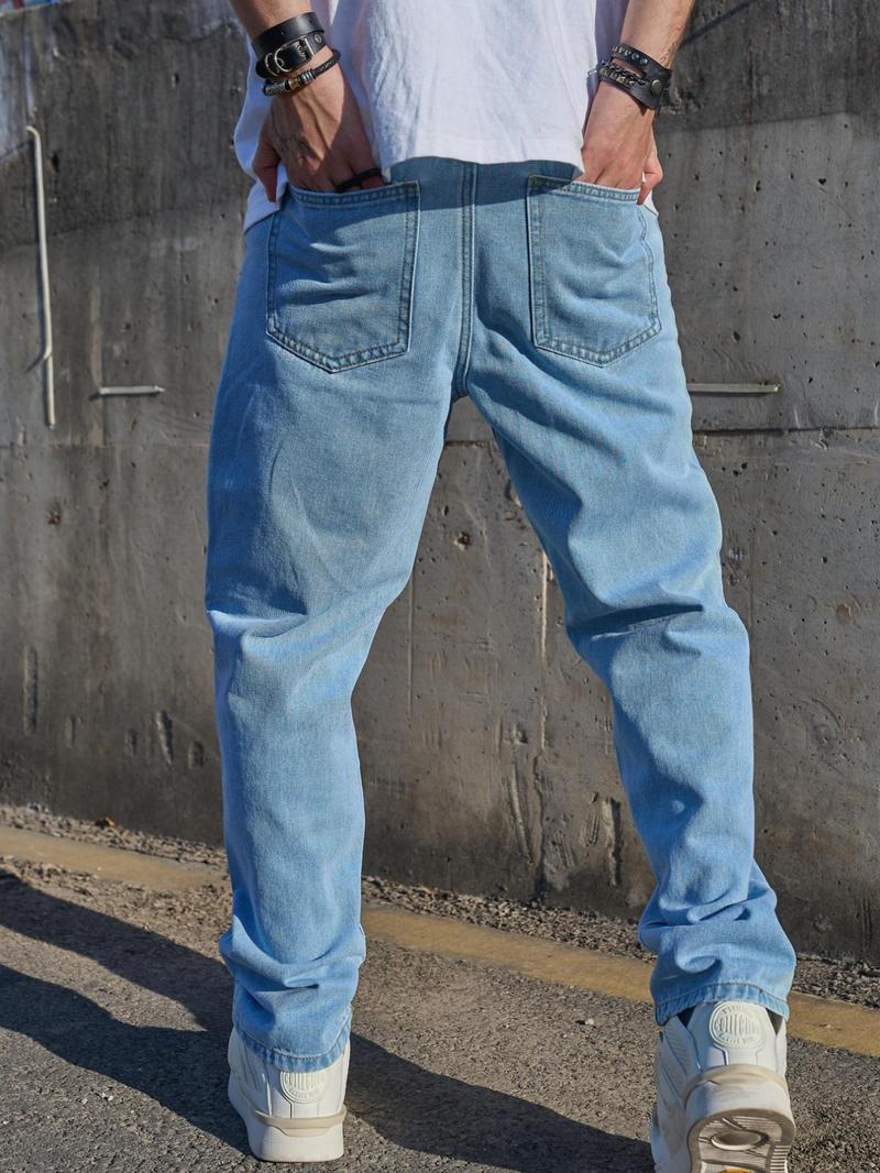 Product Introduction of Men's Solid Color Straight Leg Jeans, Loose Casual Comfy Denim Trousers for Spring & Fall, Fashion Men's Bottoms for Daily Wear, Cotton 2