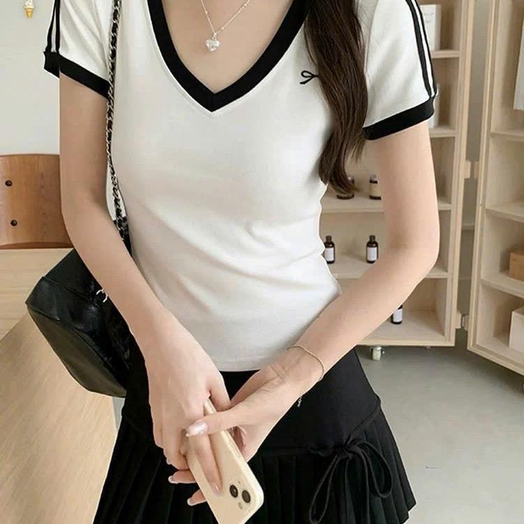 Áo thun nữ cổ V tay ngắn viền màu in nơ bên ngực MS0047 top women 4