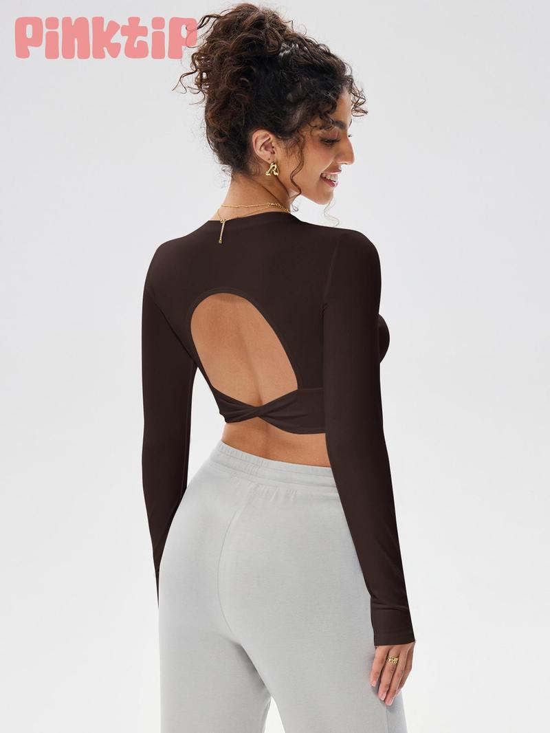 Product Introduction of Women's Solid Backless Sports Tee, Sporty Thumb Hole Design Long Sleeve T-shirt for Yoga Gym Workout, Ladies Sportswear for All Seasons 4