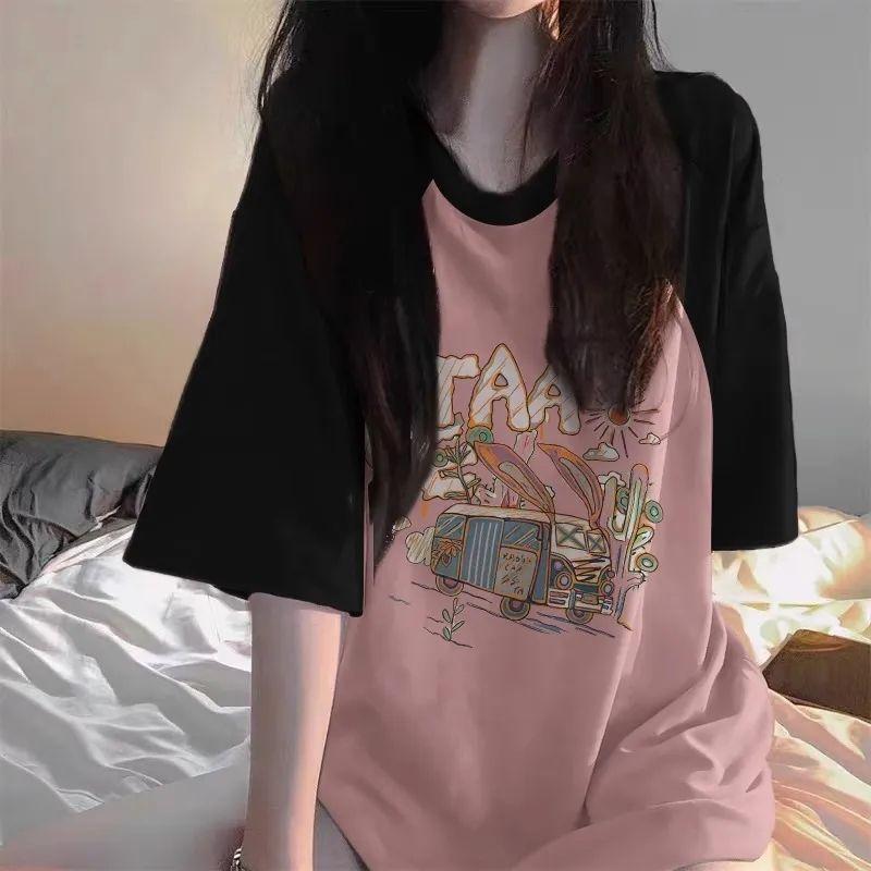 Product Introduction of Dopamine New Summer New American Contrast Color Raglan Short-Sleeved T-shirt Women's Loose Oversize Niche Top 4