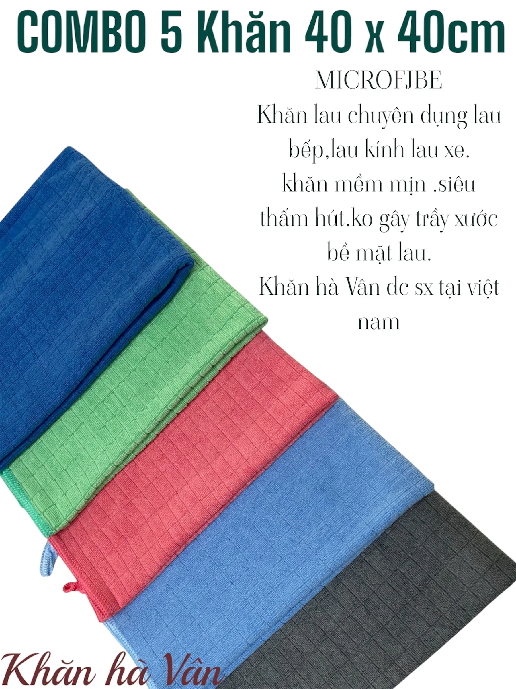 (ComBo 5)Khăn 40 x 40cm Khăn chuyên dụng Làm Sạch lau xe oto ,lau kính ,nội thất, lau bếp... khăn không đổ sợi ,thấm hút nước tốt, có móc treo tiện lợi khăn  lau khăn  lau đa năng