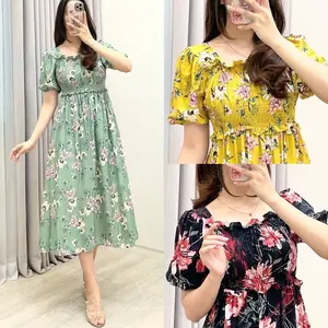 Amariel Birdy Dress Daster Midi Karet Nyaman Bumil Friendly Katun Rayon Motif