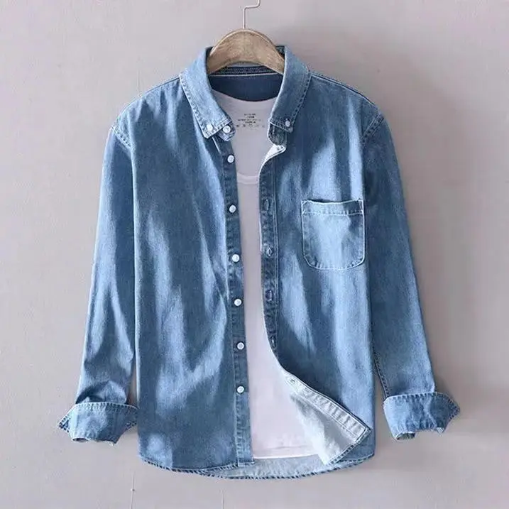 Áo Sơ Mi Dài Tay Denim, Áo Nam Mùa Xuân Và Mùa Thu, Áo Sơ Mi Đơn Giản Hợp Xu hướng Phong Cách Hồng Kông, Dáng Rộng Vừa Vặn, Dễ Phối Đồ Và Đẹp Trai, Áo Khoác Ins