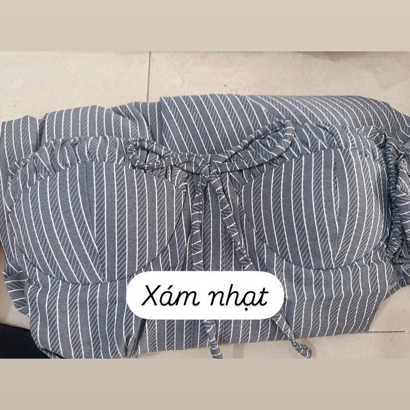 Váy cổ vuông kẻ sọc tay hến tùng xoè bồng kèm quần 5