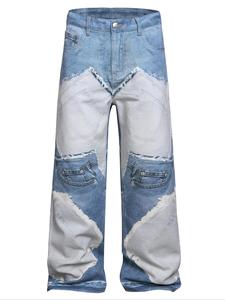 Men's Patchwork Straight Leg Jeans, Casual Comfy Loose Fit Denim Pants for Daily Wear, Fashion Men's Bottoms for All Seasons, Cotton