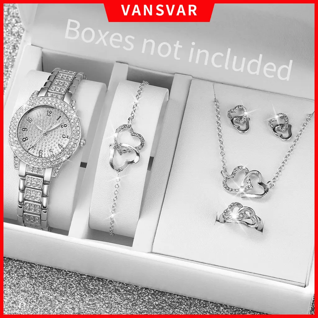*-*6PCs Set Woman Light Luxury Watch Diamond Roman Number Dial Stainless Steel Strap Quartz With Heart Set11/30