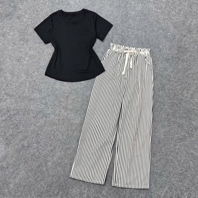 Đồ bộ xinh bigsize dành cho nữ chubby từ 50-92kg vải sọc kẻ quần suông áo thun co giãn