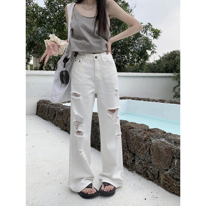Quần Jean Ống Đứng Rách, Màu Trắng, Dành Cho Nữ, Thiết Kế Cạp Cao Mùa Hè Mới, Quần Dài Đến Sàn Ống Rộng Độc Đáo, Thời Trang Hợp Xu hướng Dễ Phối Đồ 3