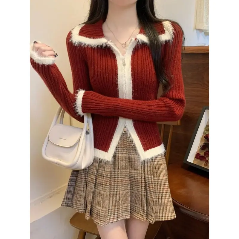 Áo Cardigan Dệt Kim Nhồi Bông Giáng Sinh, Màu Đỏ, Dành Cho Nữ, Thích Hợp Cho Mùa Thu Và Mùa Đông, Có Thể Mặc Bên Trong, Khóa Kéo Đôi, Áo Len, Áo Sơ Mi Lớp Cơ Bản Top Women 4