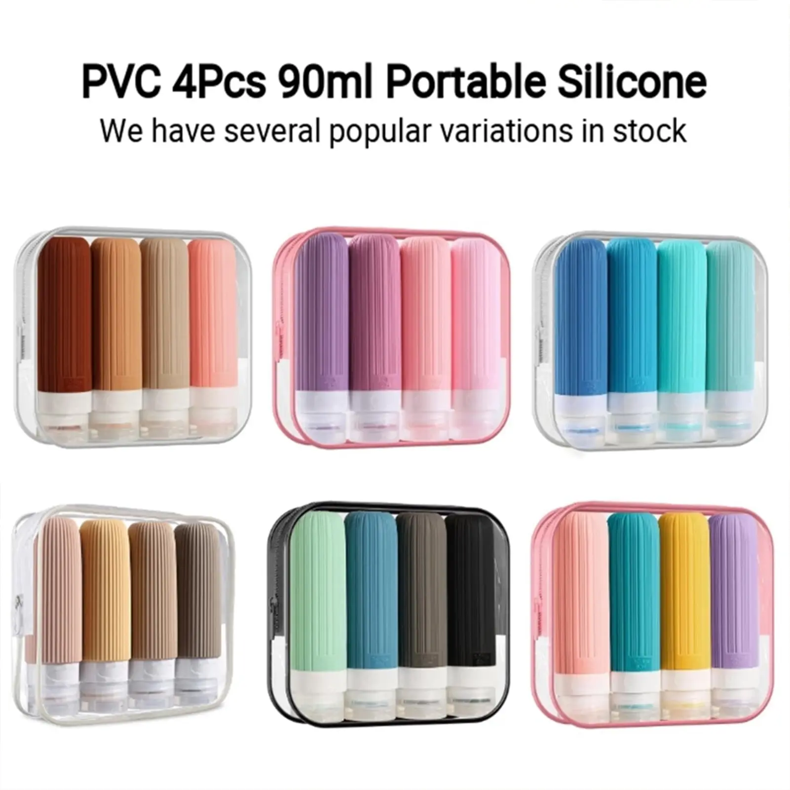 4Pcs Portable Travel Bottle Set Silicone Leak-Proof Squeezable Containers for Shampoo, Soap with Clear Zipper Bag