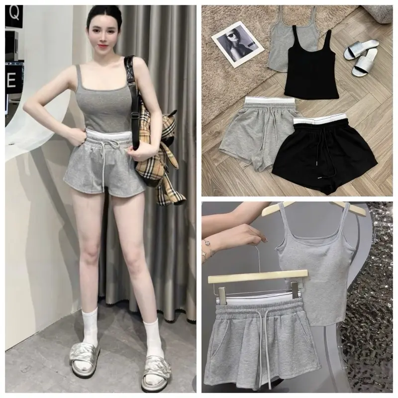 Set bộ áo 2 dây + quần sooc đùi chun chữ Top Shirts Women thun đồ nữ ck