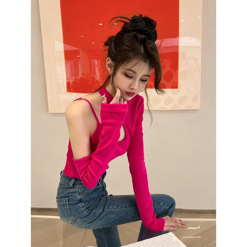 Áo Nữ Tay Áo Dài Trễ Vai, Màu Hồng Nhạt, Áo Sơ Mi Sarong Cơ Sở Nhỏ Cho Nữ, Áo Sơ Mi Quây Acubi, Áo Ba Lỗ Quân Đội, Dành Cho Nữ 0