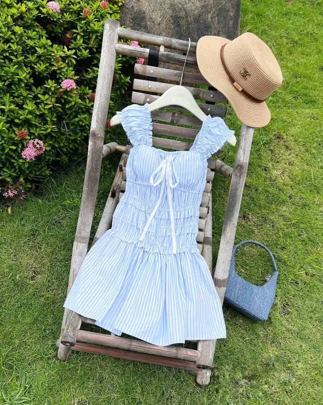 Đầm kẻ sọc chun eo form xòe thắt nơ Lina Closet Nữ Women Dress 0