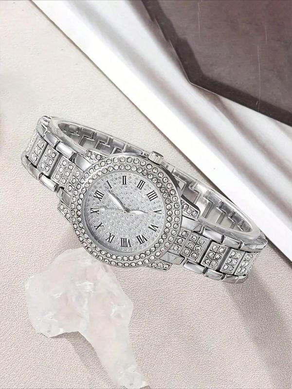 Women's Elegant Rhinestone Decorated Quartz Watch & Jewelry Set, Including Round Dial Watch & Bracelet & Ring & Pendant Necklace & Stud Earrings, Fashion Watch Set for Party, Daily Decor, without Box 4