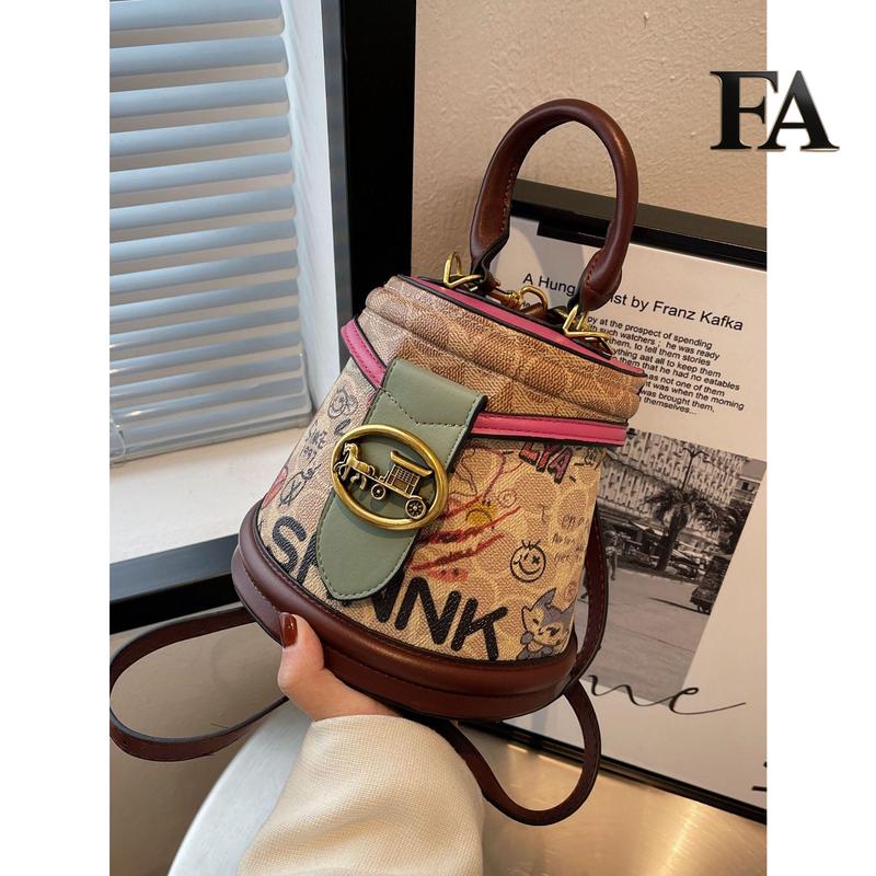 Quà Tết 2026 – Túi Bucket Nữ Hình Gấu Hoạt Hình Túi Xách Hình Trụ Graffiti Chất Lượng Cao Thời Trang Túi Đeo Chéo Một Bên Vai Túi Xách Nữ Chơi Tết