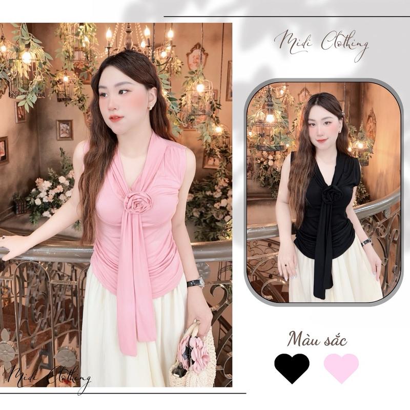 Áo thun cổ đổ (kèm hoa rời) sát nách ,thiết kế dây thắt nhiều kiểu, nhún eo 2 bên, chất liệu zip lụa mềm mịn Top Nữ Women Shirt