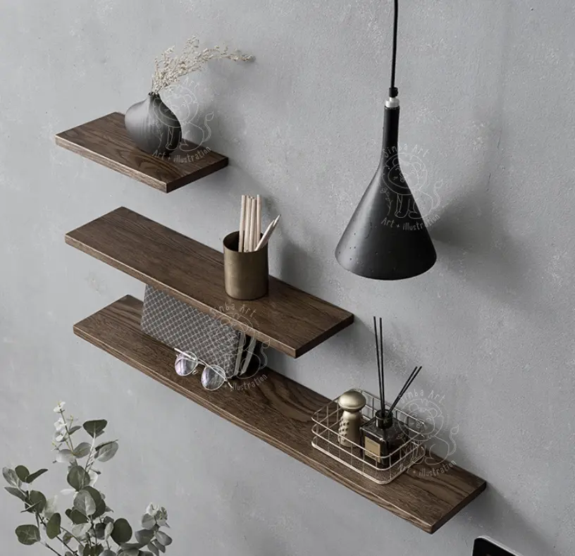 Kệ gỗ thông tự nhiên sơn màu nâu óc chó gắn tường bằng chốt thẩm mỹ trang trí decor nhiều kích thước