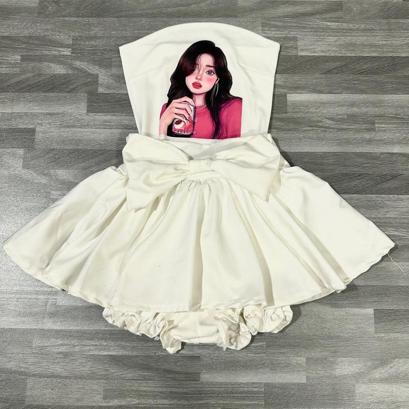[SB39] Sét bộ nữ áo ống in hình kute kèm chân váy nơ có quần lưng thun màu trắng, đen Free Size style form croptop body
