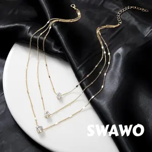 [Swawo] Kalung Wanita Elegan dan Santai dengan Desain Tiga Lapisan Bertumpuk Berhias Berlian A408