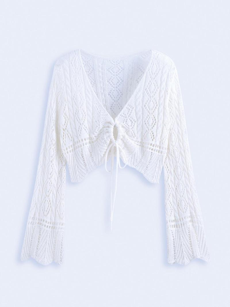 Product Introduction of Plus Size Hollow Out Drawstring Sheer Cardigan, Casual Elegant Flounce Sleeve V Neck Knitwear Top for Spring & Fall, Women's Plus Clothing for Daily Wear 8