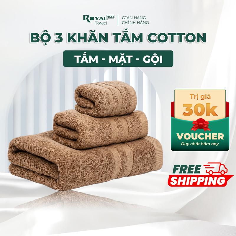 Bộ 3 khăn tắm gội mặt Royal Towel 100% cotton dày dặn thấm hút, không đổ lông, dùng cho gia đình, spa, khách sạn