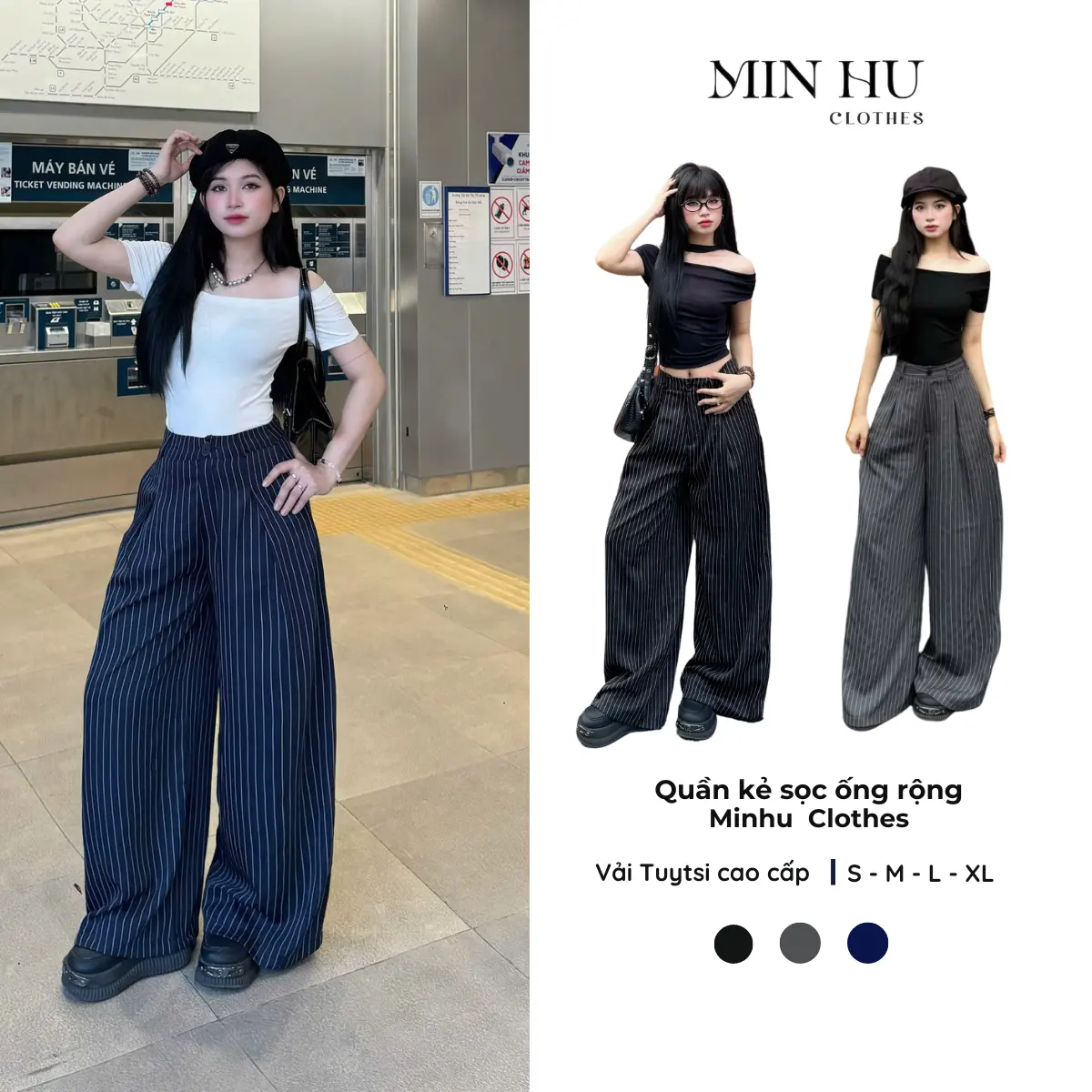 Quần dài kẻ sọc suông ống rộng Minhu Clothes, tôn dáng, dễ phối đồ.