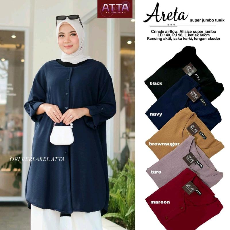 Atasan Wanita Kemeja  Polos Areta Tunik Jumbo LD140 Bahan Crincle Airflow Full Kancing Oversize Muslim 3