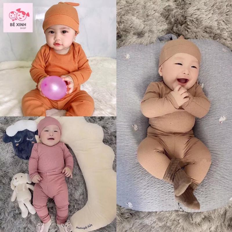 Đồ bộ dài tay thun gân len tăm minky xuất hàn tặng nón củ tỏi xịn xò cho bé trai bé gái chất len tăm giữ ấm tốt mã bộ nón tỏi be..xinh