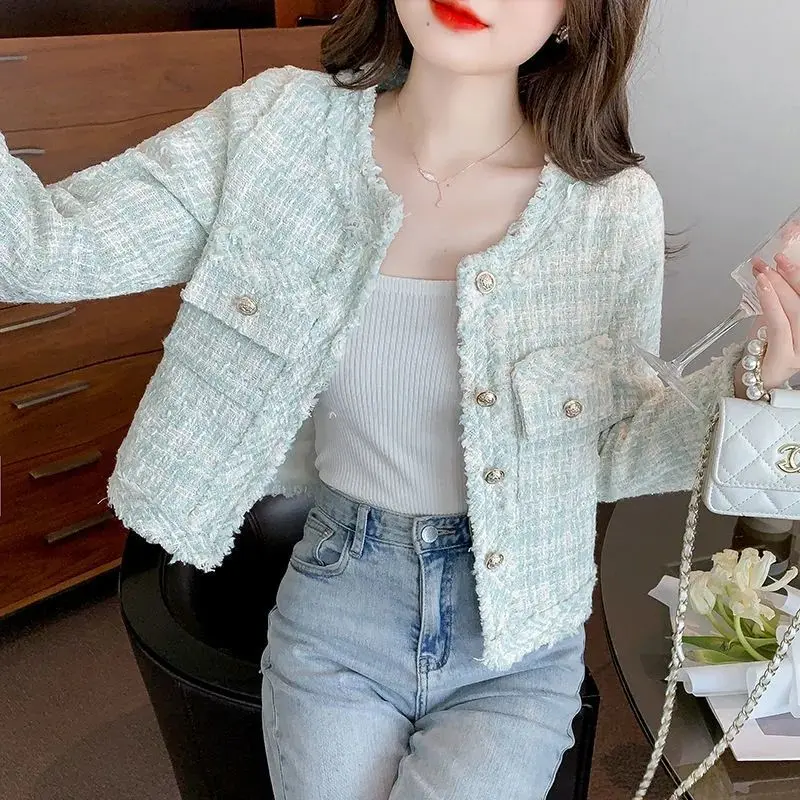 Classic Style Tweed Coat Women's New French Style All-Matching Slim Fit Woolen Short Socialite Style Top Womenswear Jackets Lingerie Crewneck Plaid Comfort Outerwear