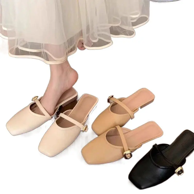 French Style Closed-Toe Mules for Women Summer Outdoor Lazy Retro Mules Casual Flat Half Slippers Single Shoes kim kardashian jelly shoes