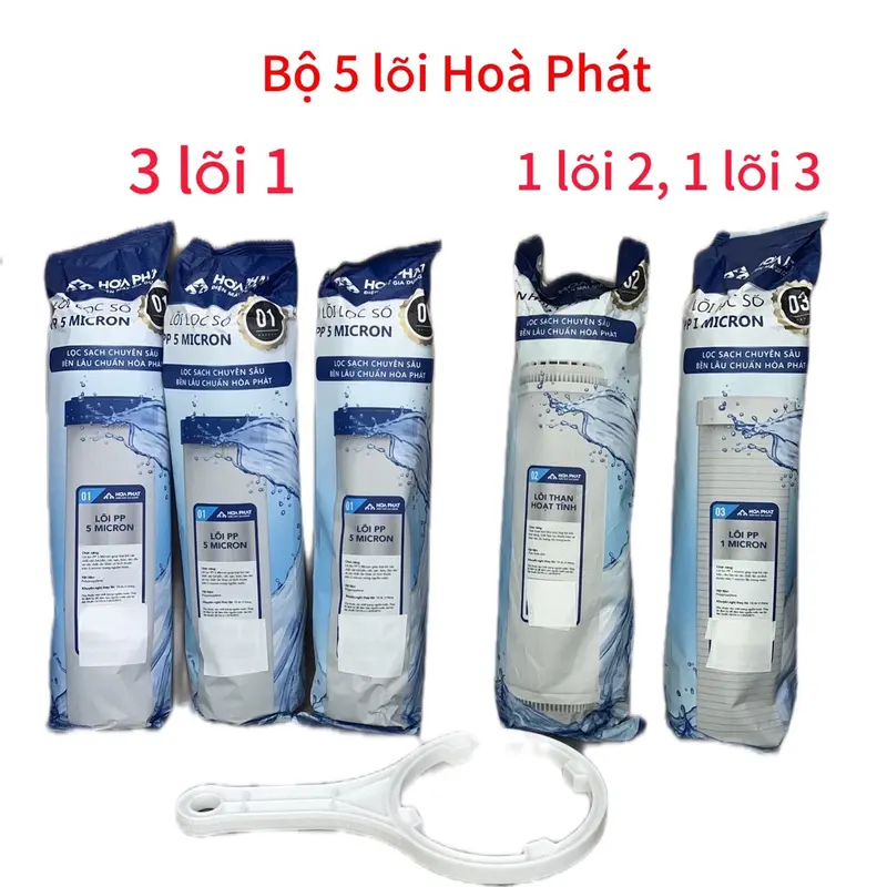 (Tặng tay công mở ) Bộ 5 lõi lọc nước Hoà Phát bao gồm 3 lõi 1 , một lõi 2 than hoạt tính , lõi 3 PP 1 micromet dùng thay thế cho máy lọc nước RO sử dụng cốc lọc 10 inch, chức năng lọc tạp chất rong rêu bùn đất, mùi màu không tốt trong nước 0