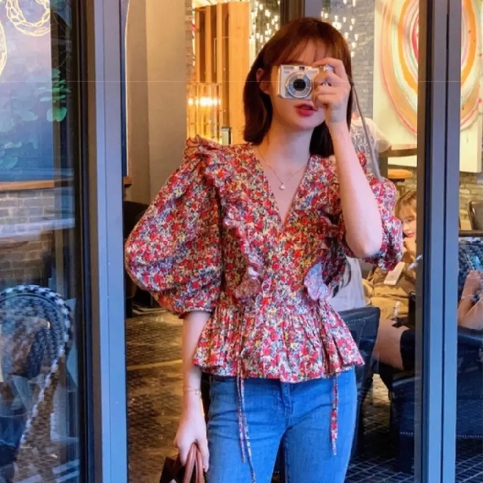 Atasan audenzia kimono 7692 original Three M baju wanita remaja kekinian import terbaru terlaris new best seller trend promo sale diskon korea jepang merah bunga v neck sexy