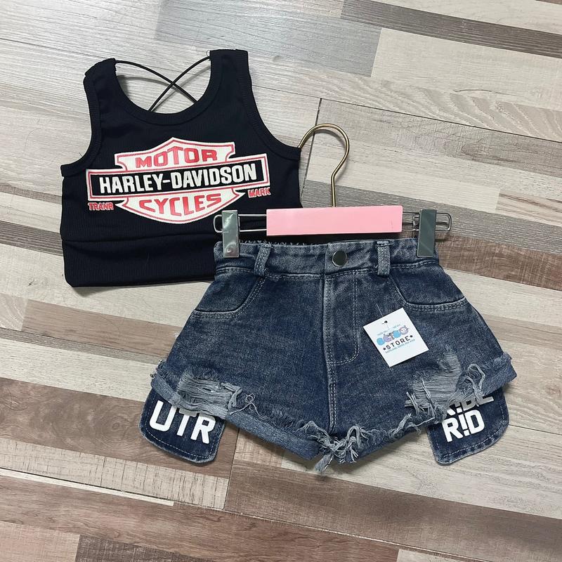 Bộ áo thun crotop đan dây và quần short jean siêu đáng yêu cho bé gái