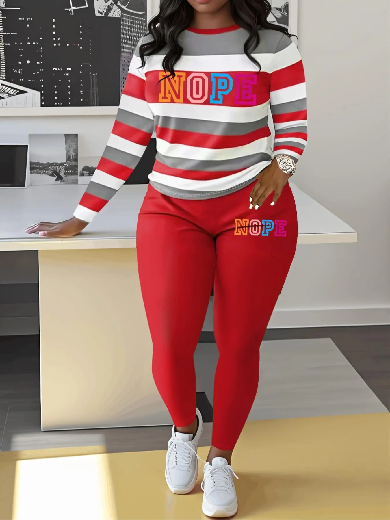 Women's Striped & Letter Print Sweatshirt & Elastic Waist Pants Two-piece Set, Casual Round Neck Long Sleeve Pullover & Trousers for Fall & Winter, Women's Clothes for Daily Wear