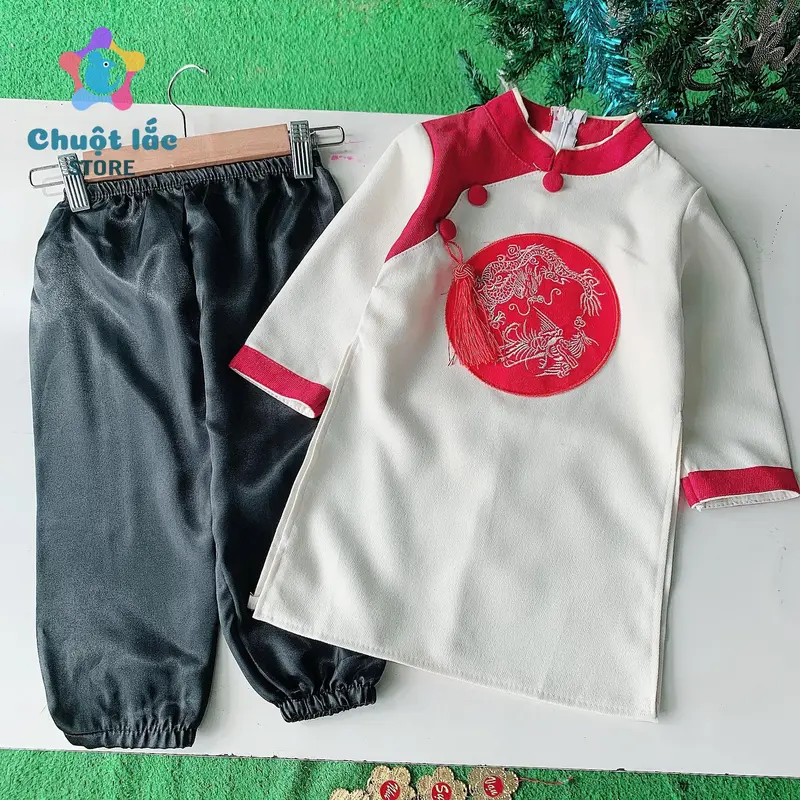 Áo Dài Cách Tân Cho Bé Trai Kèm Quần Chất Nhung Lì có Khánh Đeo Từ 8kg Đến 28kg 2