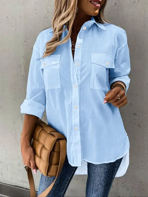 【Plus Size】 Solid Color Rolled Sleeve Button Up Shirt, Casual Curved Hem Top for Spring & Fall, Women's Clothes for Daily Wear 7