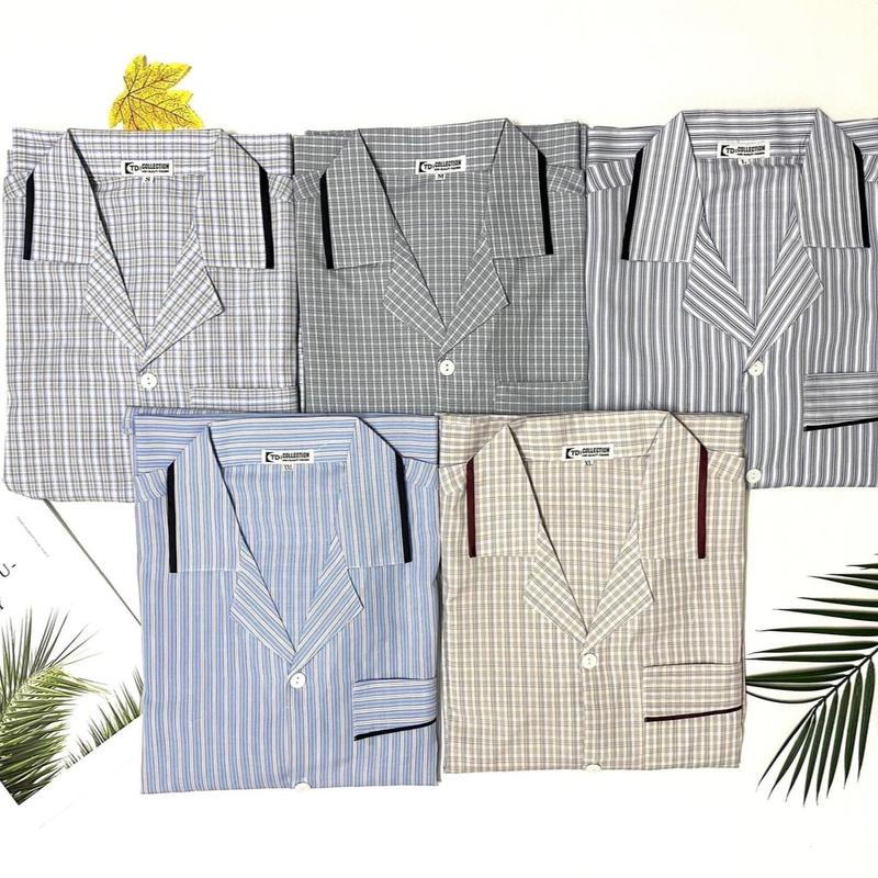 Bộ pijama bộ ngủ nam trung niên ông già kẻ kate dài tay