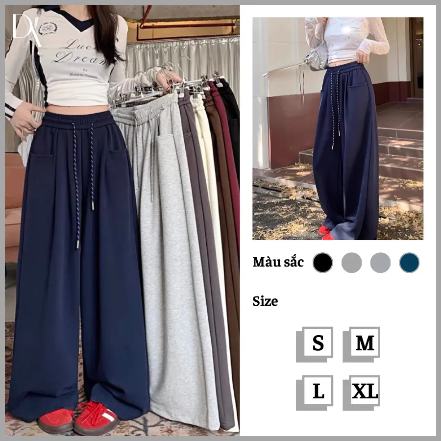 Quần Nỉ Suông Cạp Chun Quần Nỉ Ống Rộng 2 Túi Trước Form UNISEX Cá Tính Trẻ Trung Nữ