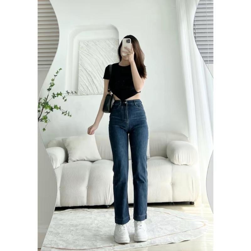 [YANDO] Quần Jean Nữ Ống Đứng Lai Gấp Lưng Cao Dáng Suông Dành Cho Nấm Lùn (S-2XL) Quần Jean Nữ Ống Suông