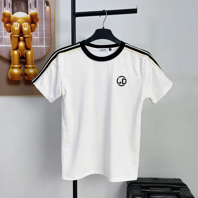 Áo thun nam nữ vải thun lạnh phối viền vai thêu logo LD màu đen trắng Menswear Top 4