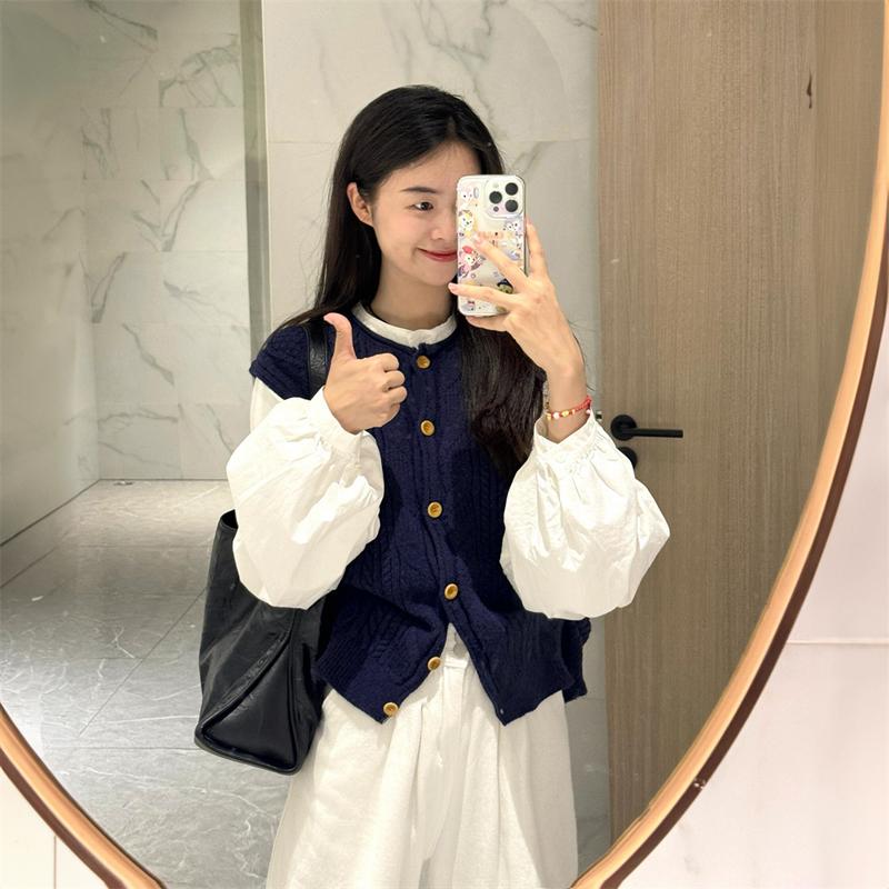 Product Introduction of Áo Len Và Áo Vest Dệt Kim, Màu Xanh Đậm, Thiết Kế Xoắn Lười Biếng, Dễ Thương, Dành Cho Nữ, Bộ Đồ Hai Mảnh, Áo Sơ Mi Dài Tay Mùa Thu, Trông Trẻ Trung 4